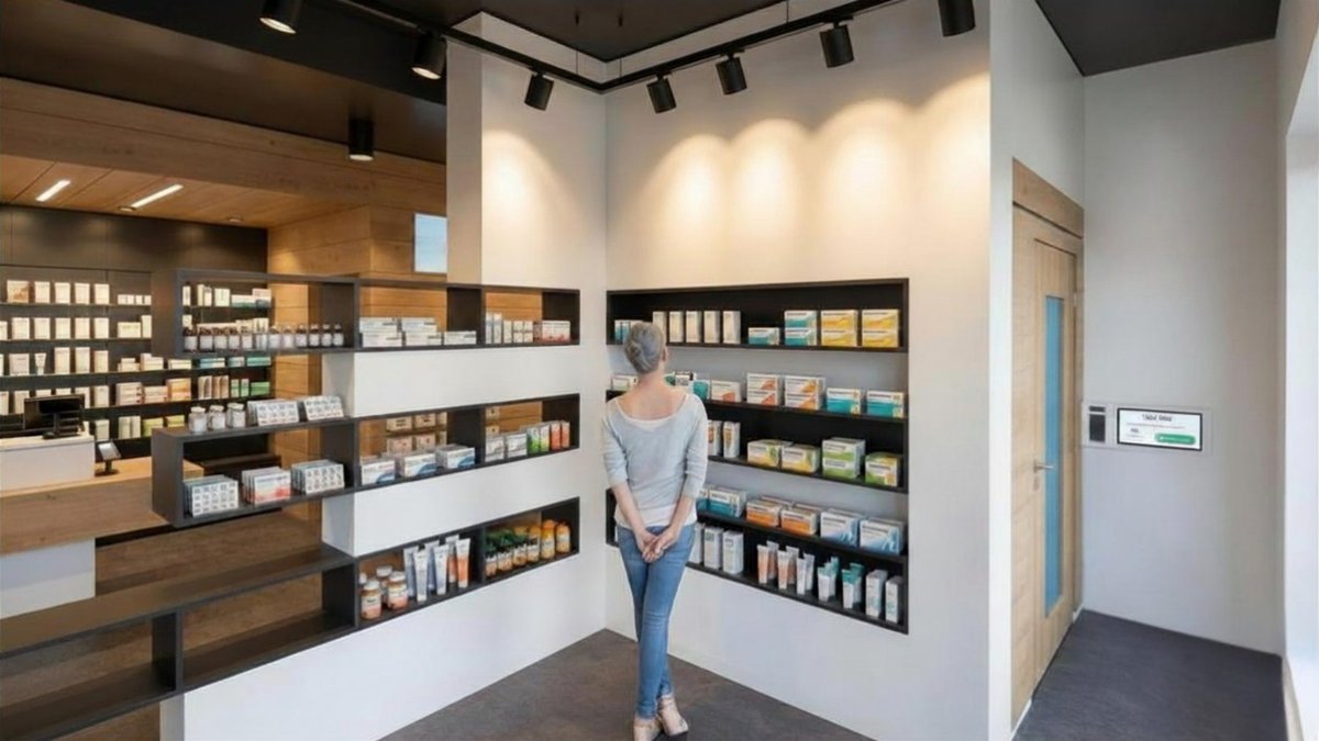Moderne Apothekeneinrichtung mit klaren Linien